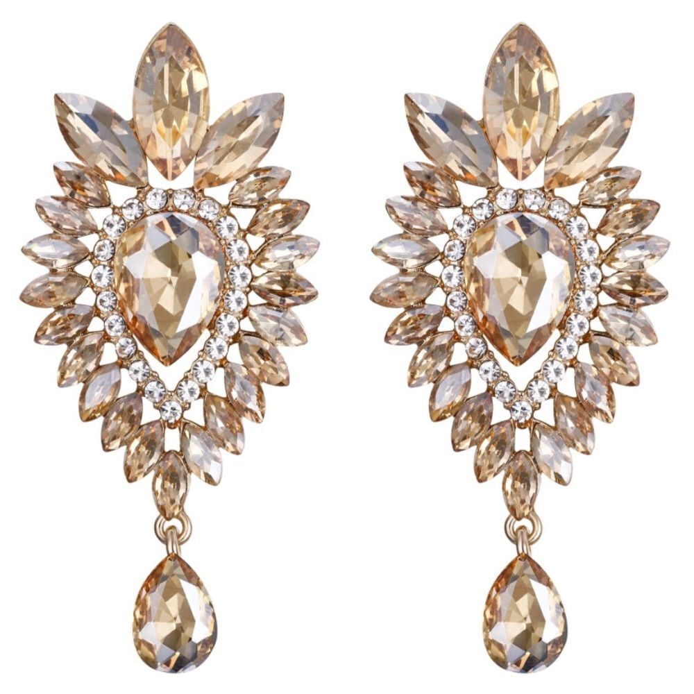 Yellow Gold with Champagne Topaz Austrian Crystal Teardrop Chandelier Earrings